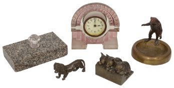 A glass desk clock, a cold painted spelter Daschshund, others items