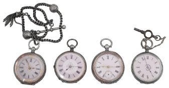 Four late 19th century Swiss lady's silver open faced pocket watches