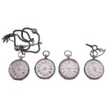 Four late 19th century Swiss lady's silver open faced pocket watches