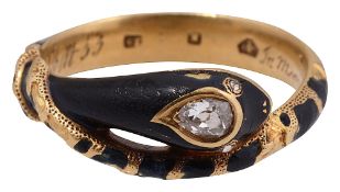 A 19thC diamond, enamel and 18ct yellow gold snake ring