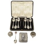 A set of teaspoons & tongs, pepper pot and salt, and other items