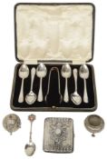 A set of teaspoons & tongs, pepper pot and salt, and other items