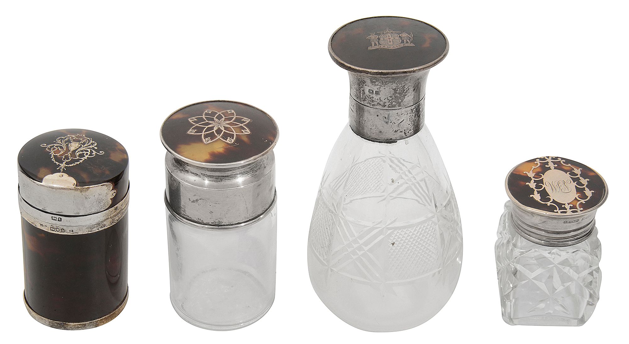 A tortoiseshell, silver and pique work scent bottle further bottles