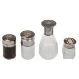 A tortoiseshell, silver and pique work scent bottle further bottles