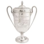 A George V silver twin handled trophy and cover