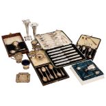 Silver sets of coffee spoons, a cruet set and other items