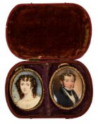 Early 19th century School. A cased pair of portrait miniatures c.1830