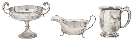 A silver twin handled pedestal dish, a christening mug & sauce boat