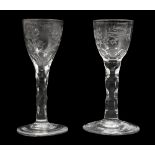 Two late 18th century engraved facet cut stem wine glasses c.1770