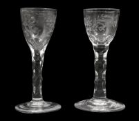 Two late 18th century engraved facet cut stem wine glasses c.1770