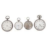 Four open faced silver pocket watches