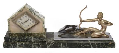 A French Art Deco Chrome, Black and white variegated marble and onyx mantel timepiece