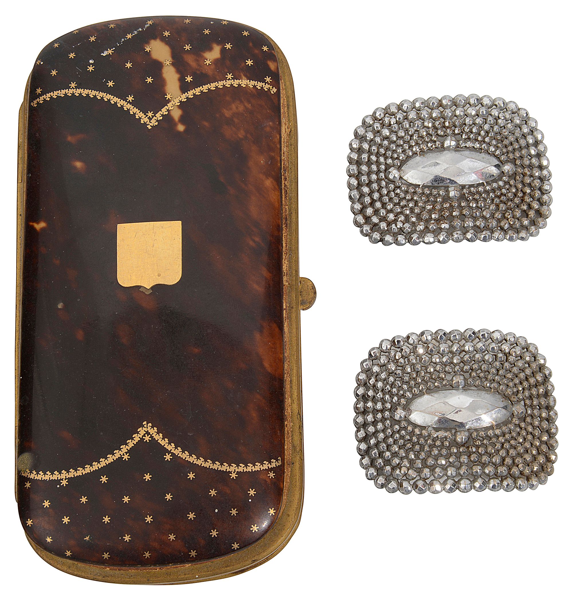 A tortoiseshell a pique inlaid cigar case, steel shoe buckles