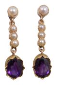 A pair of Edwardian amethyst and seed pearl ear pendants