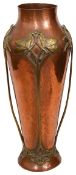 A WMF Art Nouveau tall hammered copper and brass vase c.1905