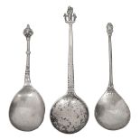 A silver Virgin and and Child spoon and two Scandinavian spoons