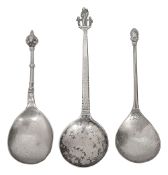 A silver Virgin and and Child spoon and two Scandinavian spoons