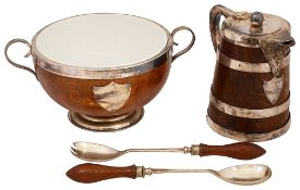 A electroplated and oak jug, salad bowl and butter tub