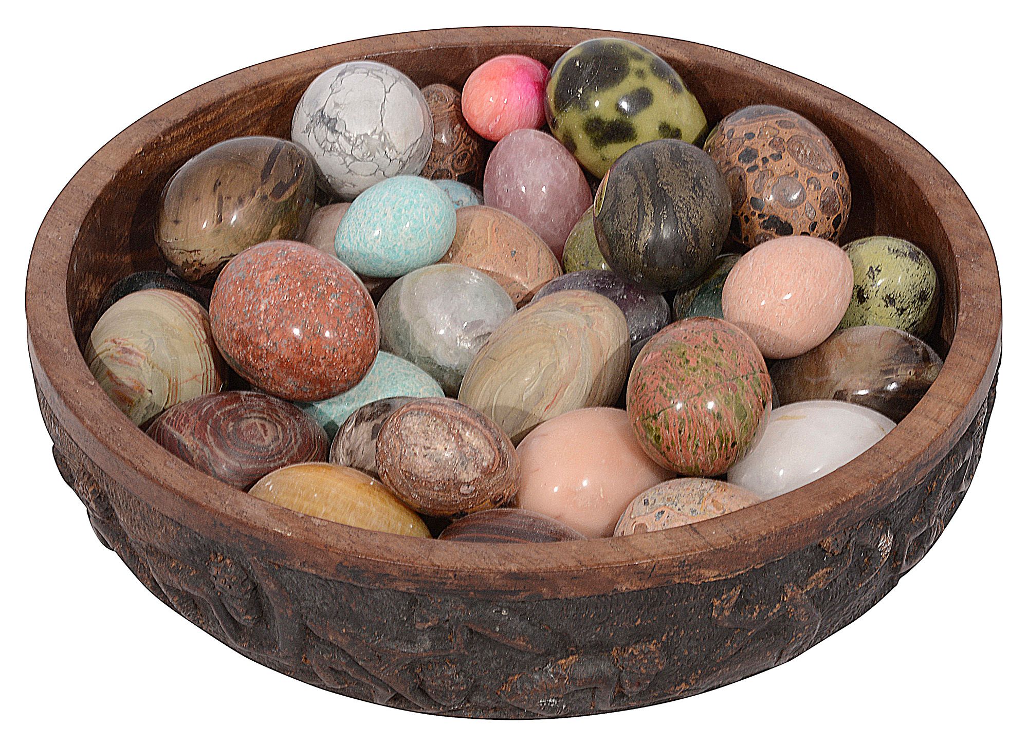 A collection of polished hardstone and mineral eggs