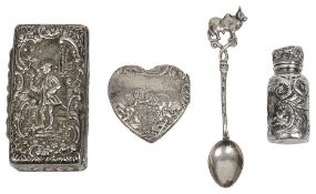 A silver embossed snuff box, other silver items