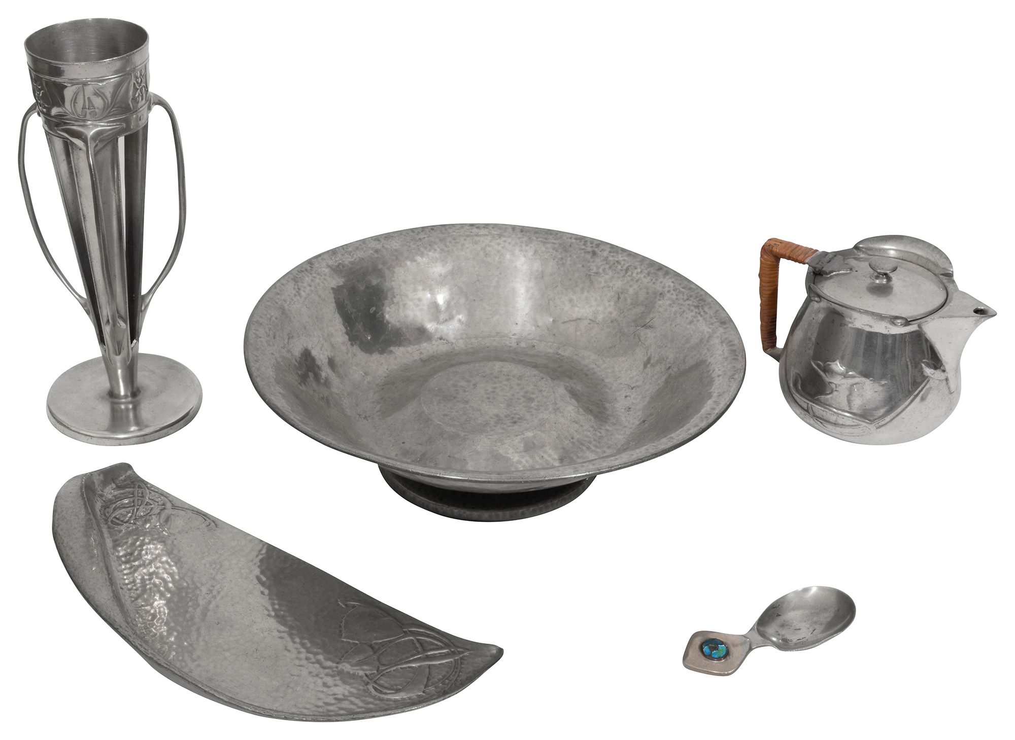 Liberty & Co Tudric pewter: crumb tray, caddy spoon and other items