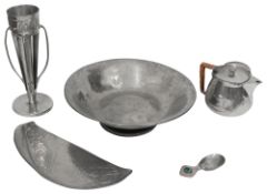 Liberty & Co Tudric pewter: crumb tray, caddy spoon and other items