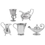 A silver oil lamp table lighter, miniature cup, other jugs