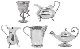 A silver oil lamp table lighter, miniature cup, other jugs