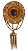 A mid Victorian, amethyst, pearl and yellow gold locket brooch,