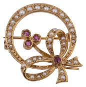 A seed pearl and ruby brooch,