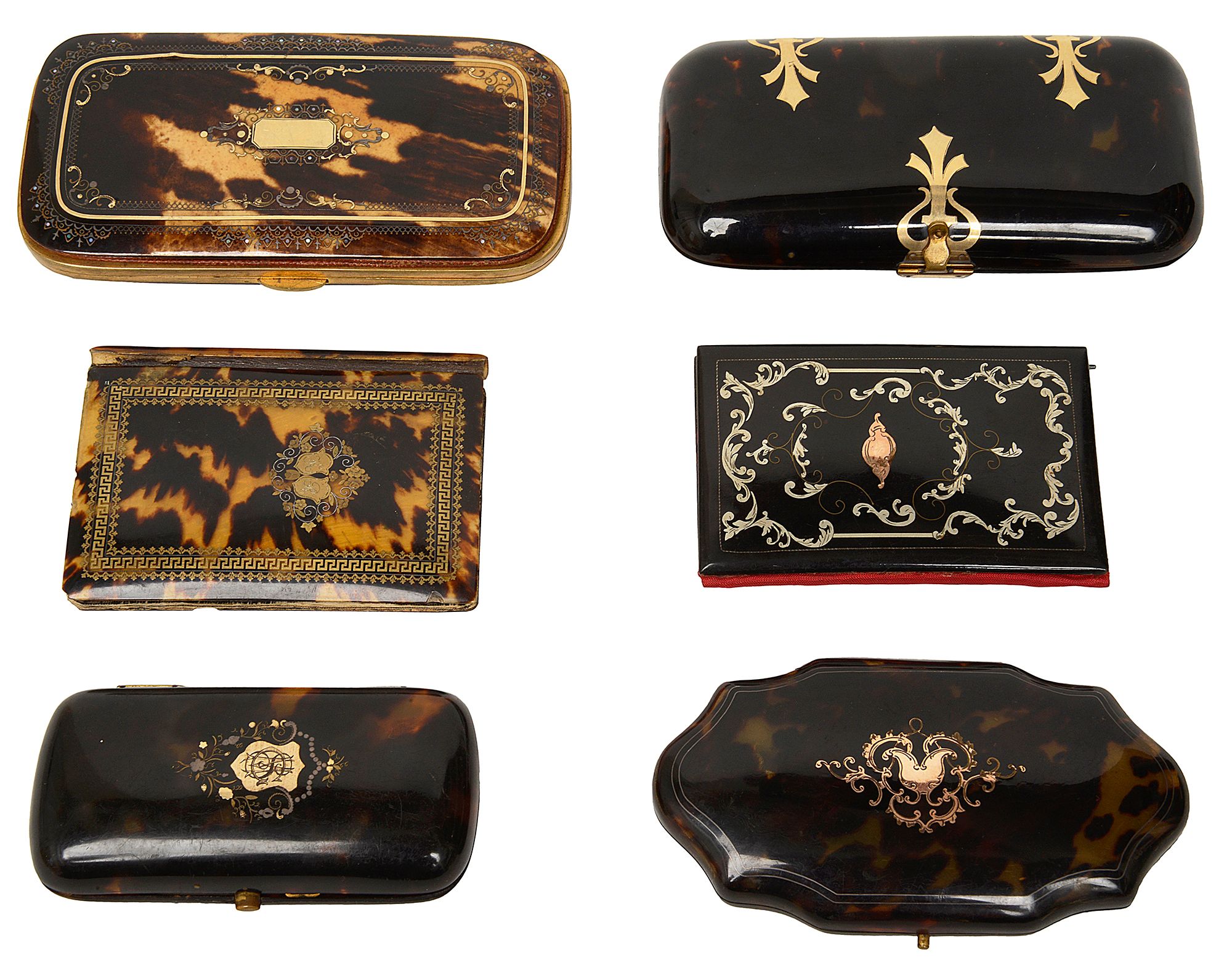 A group of six tortoiseshell and pique work boxes