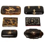 A group of six tortoiseshell and pique work boxes