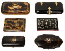 A group of six tortoiseshell and pique work boxes