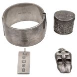 A silver box, a whistle, a hinged bangle and an ingot pendant