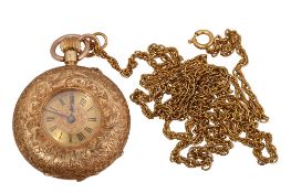 A Victorian 18K gold ladies half hunter keyless fob watch