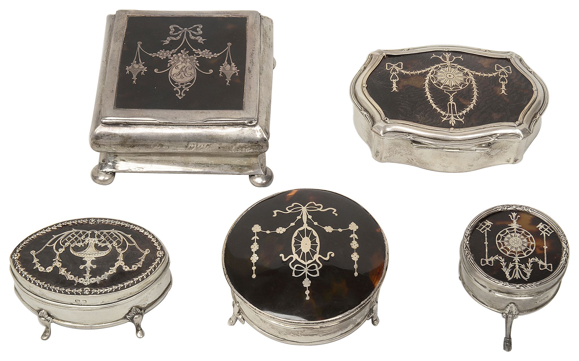 Five silver and tortoiseshell trinket boxes