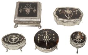 Five silver and tortoiseshell trinket boxes
