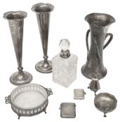 A silver three handled vase, a pair of spill vases, other silver