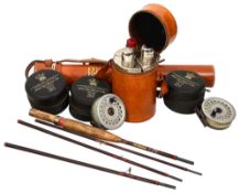 A Hardy smugglers rod, leather flask + 3 reels
