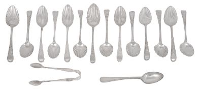 Fourteen matched George III and later bright cut teaspoons