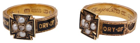 A pair of 15ct yellow gold and black enamel mourning rings