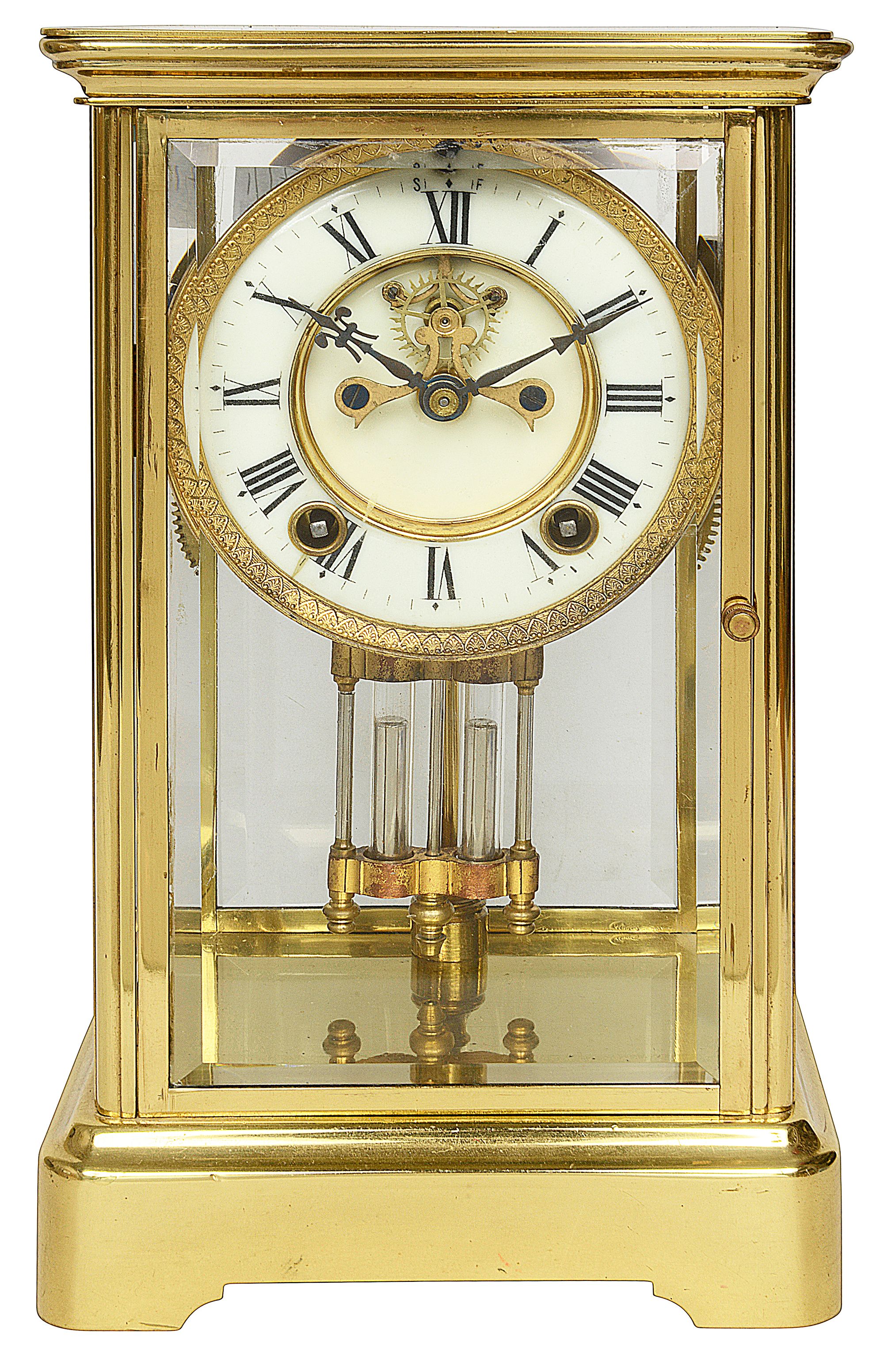 An early 20th century Ansonia lacquered brass four glass mantle clock