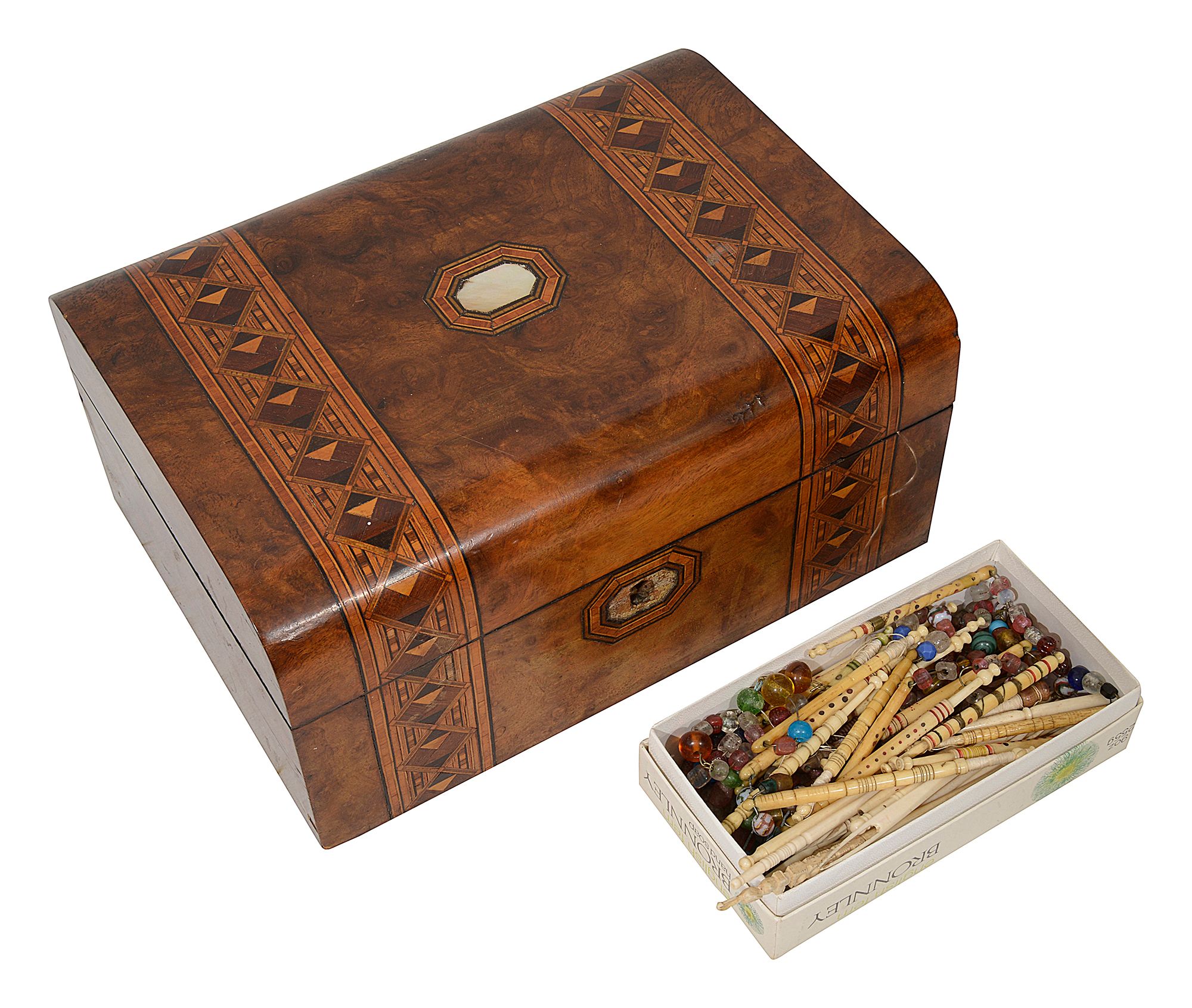 A Victorian parquetry banded burr walnut work box and contents - Image 2 of 2