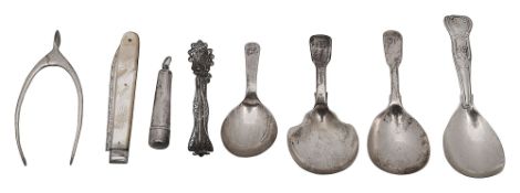 Silver caddy spoons, George III folding knife etc.
