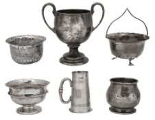 Silver sugar bowls twin handled trophy cup, spirit measure