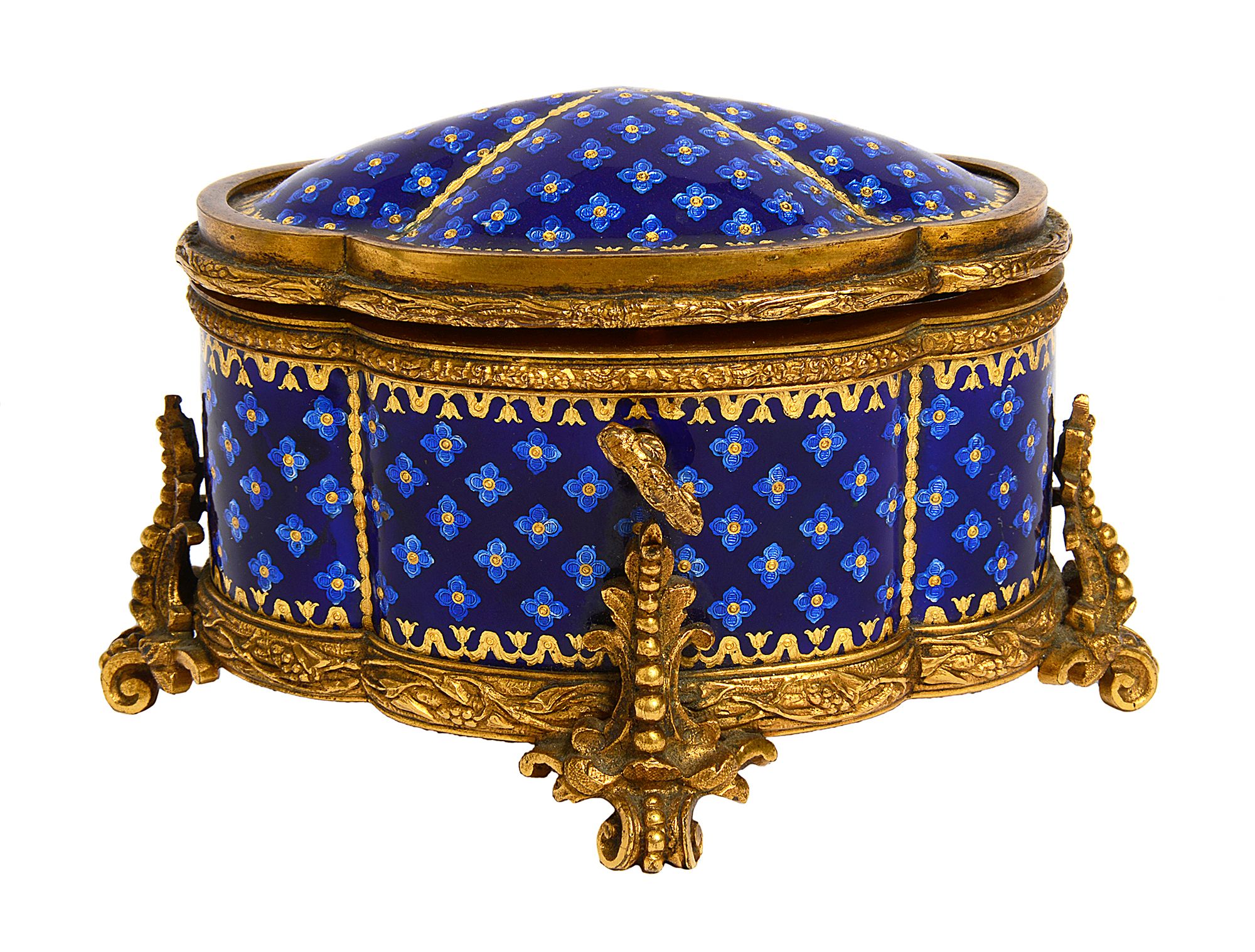 A 19th century French gilt brass and enamel jewellery casket