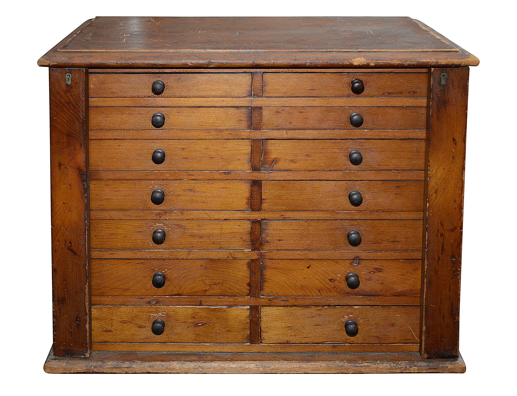 A pine tabletop Wellington type collectors specimen cabinet