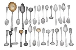 Silver sifter spoon, teaspoons and condiments spoons