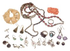 A collection of silver and paste costume jewellery