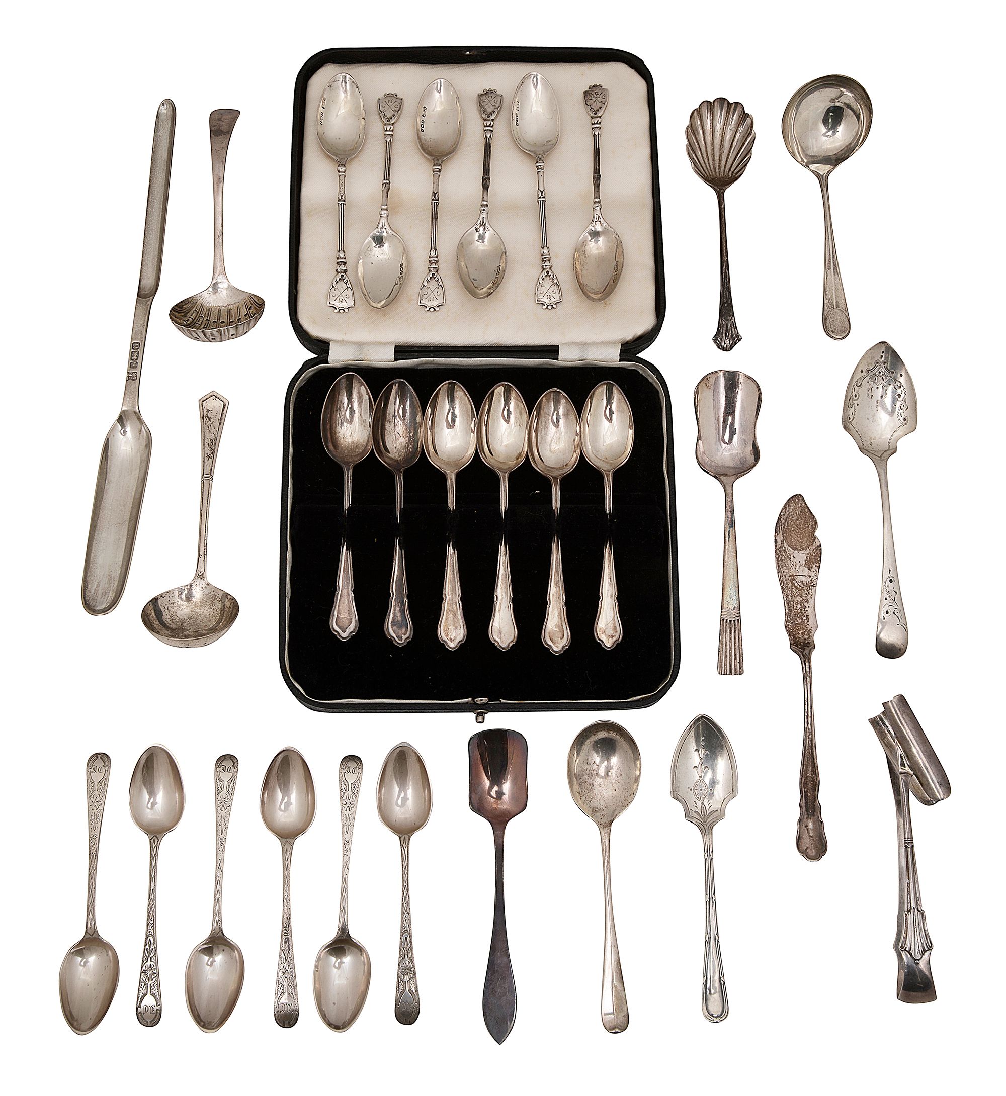 Sets of silver coffee spoons, a modern marrow scoop, other silver